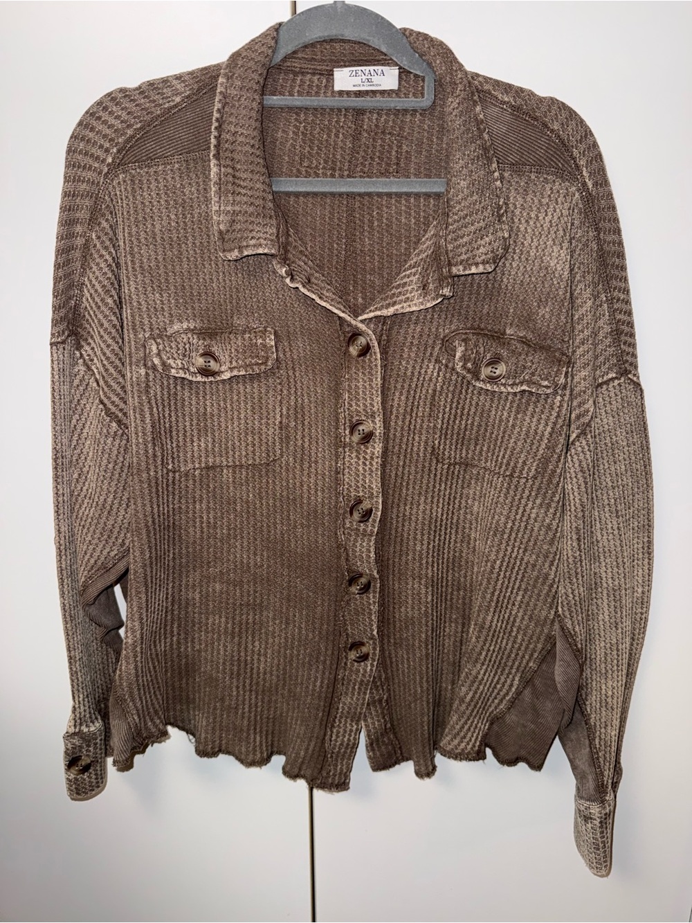 Zenana women’s acid Wash ribbed Button-Up Shacket brown szL/XL lagenlook boho